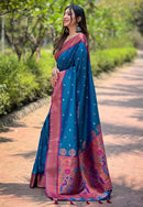 Blue Contrast Zari Woven Chaand Yeola Paithani Silk Saree