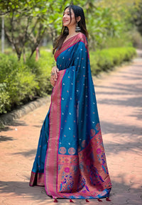 Blue Contrast Zari Woven Chaand Yeola Paithani Silk Saree