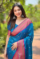 Blue Contrast Zari Woven Chaand Yeola Paithani Silk Saree
