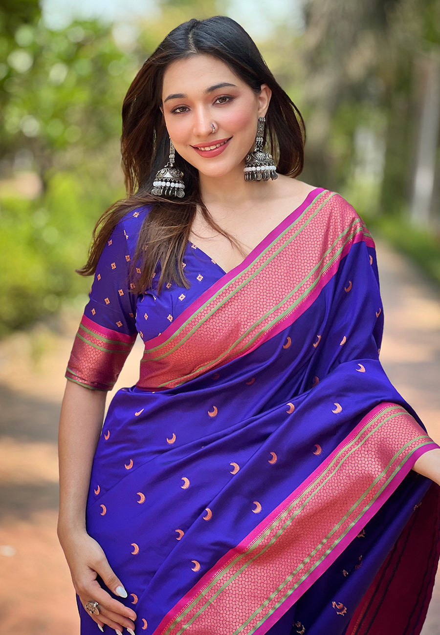 Violet Blue Contrast Zari Woven Chaand Yeola Paithani Silk Saree