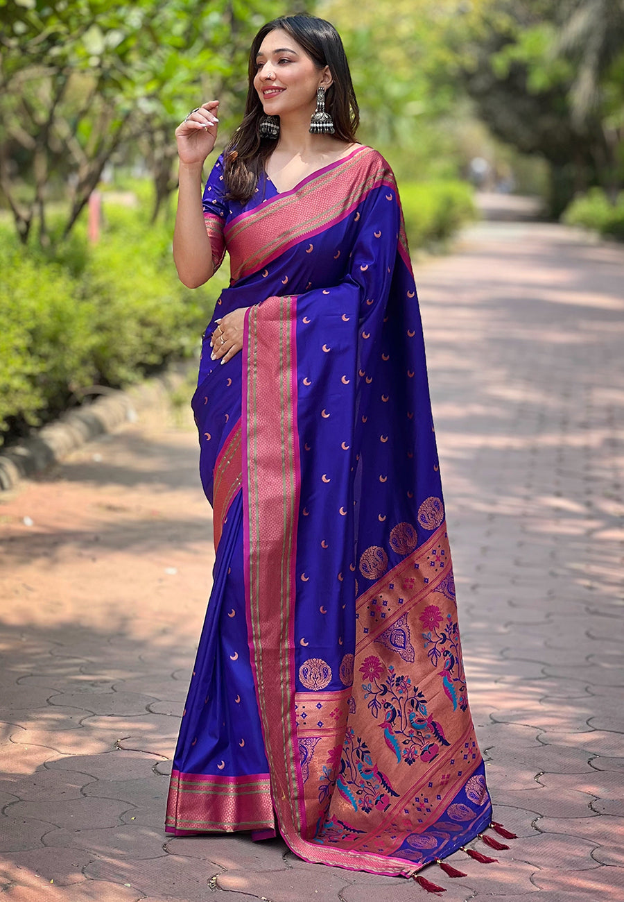 Violet Blue Contrast Zari Woven Chaand Yeola Paithani Silk Saree