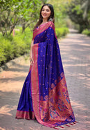 Violet Blue Contrast Zari Woven Chaand Yeola Paithani Silk Saree