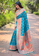 Cyan Blue Original Maharashtrian Meenakari Yeola Paithani Silk Zari Woven Saree
