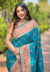 Cyan Blue Original Maharashtrian Meenakari Yeola Paithani Silk Zari Woven Saree