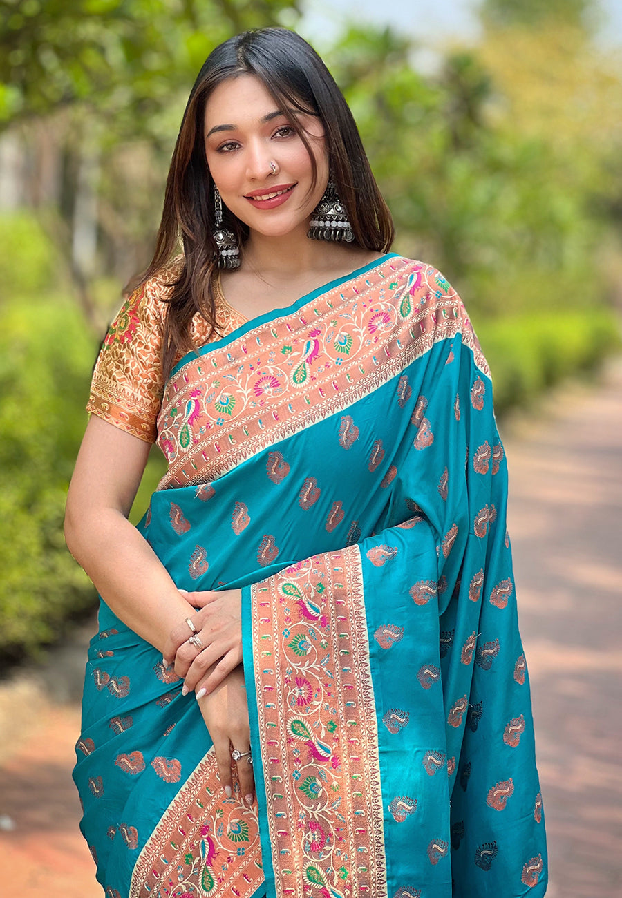 Cyan Blue Original Maharashtrian Meenakari Yeola Paithani Silk Zari Woven Saree