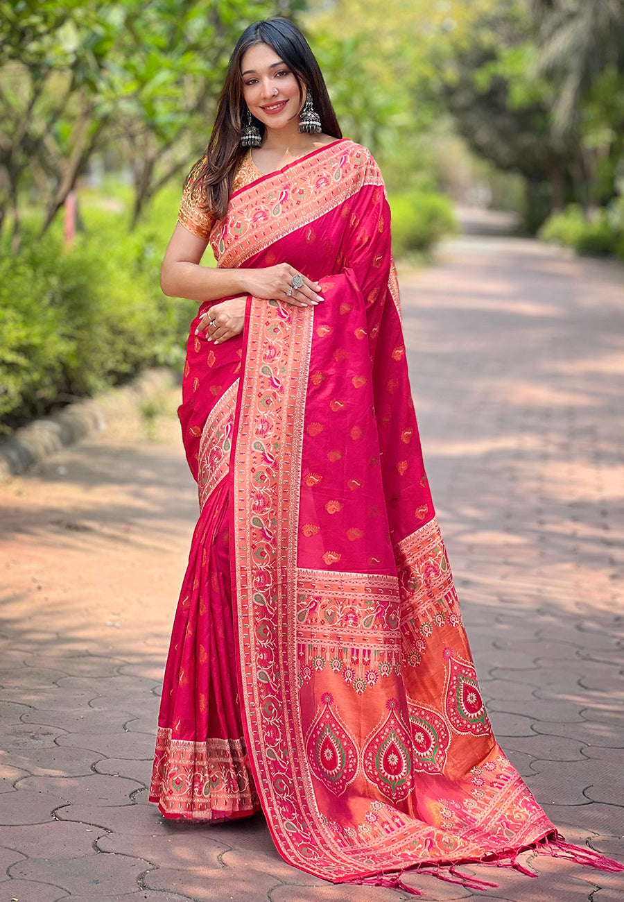 Pink Original Maharashtrian Meenakari Yeola Paithani Silk Zari Woven Saree