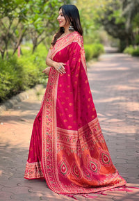 Pink Original Maharashtrian Meenakari Yeola Paithani Silk Zari Woven Saree