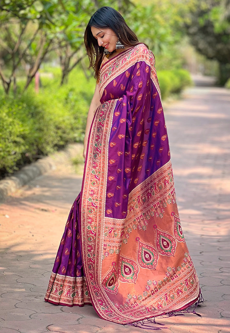 Purple Original Maharashtrian Meenakari Yeola Paithani Silk Zari Woven Saree