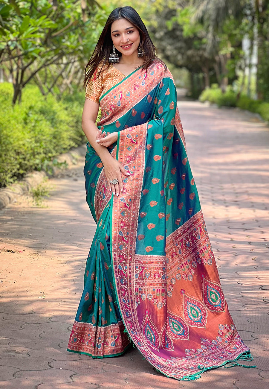 Green Original Maharashtrian Meenakari Yeola Paithani Silk Zari Woven Saree