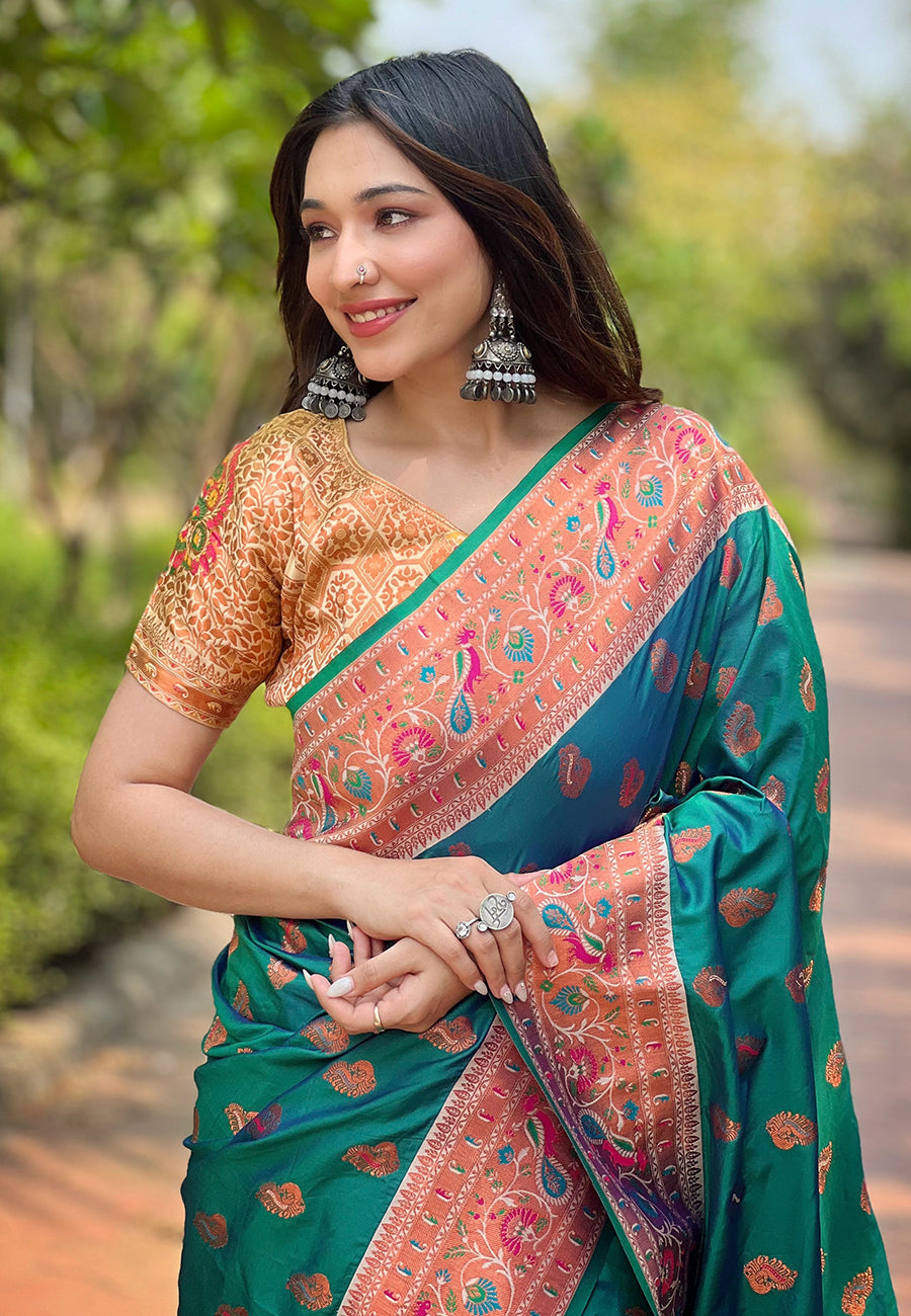 Green Original Maharashtrian Meenakari Yeola Paithani Silk Zari Woven Saree