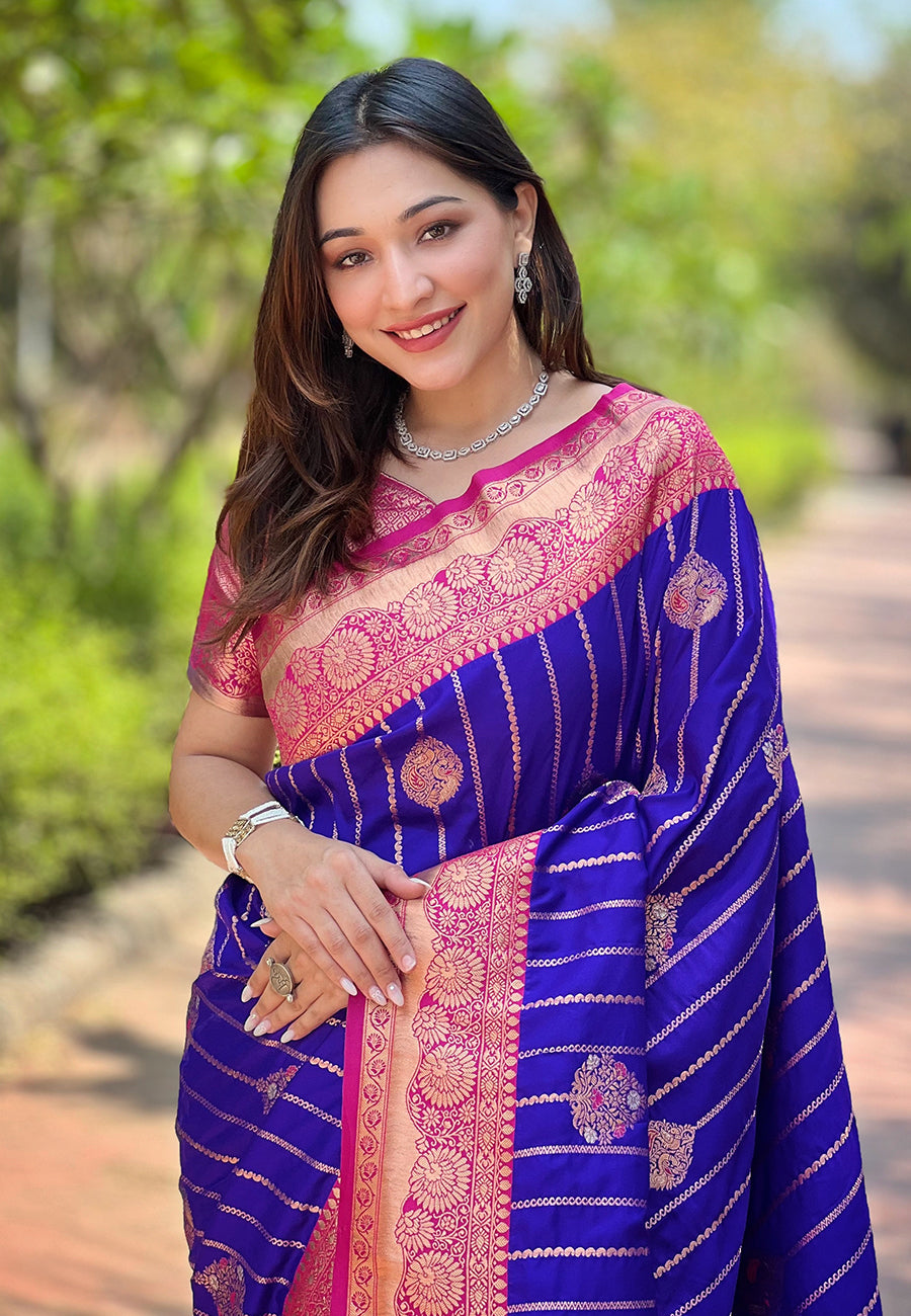 Indigo Blue Soft Silk Contrast Zari Woven Saree