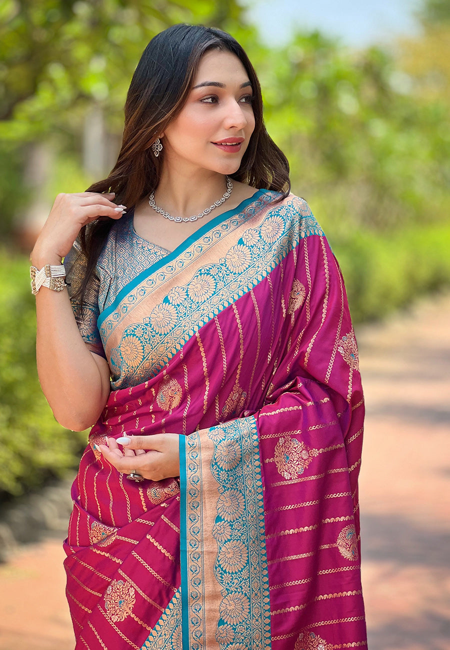 Maroon Soft Silk Contrast Zari Woven Saree