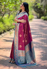 Maroon Soft Silk Contrast Zari Woven Saree