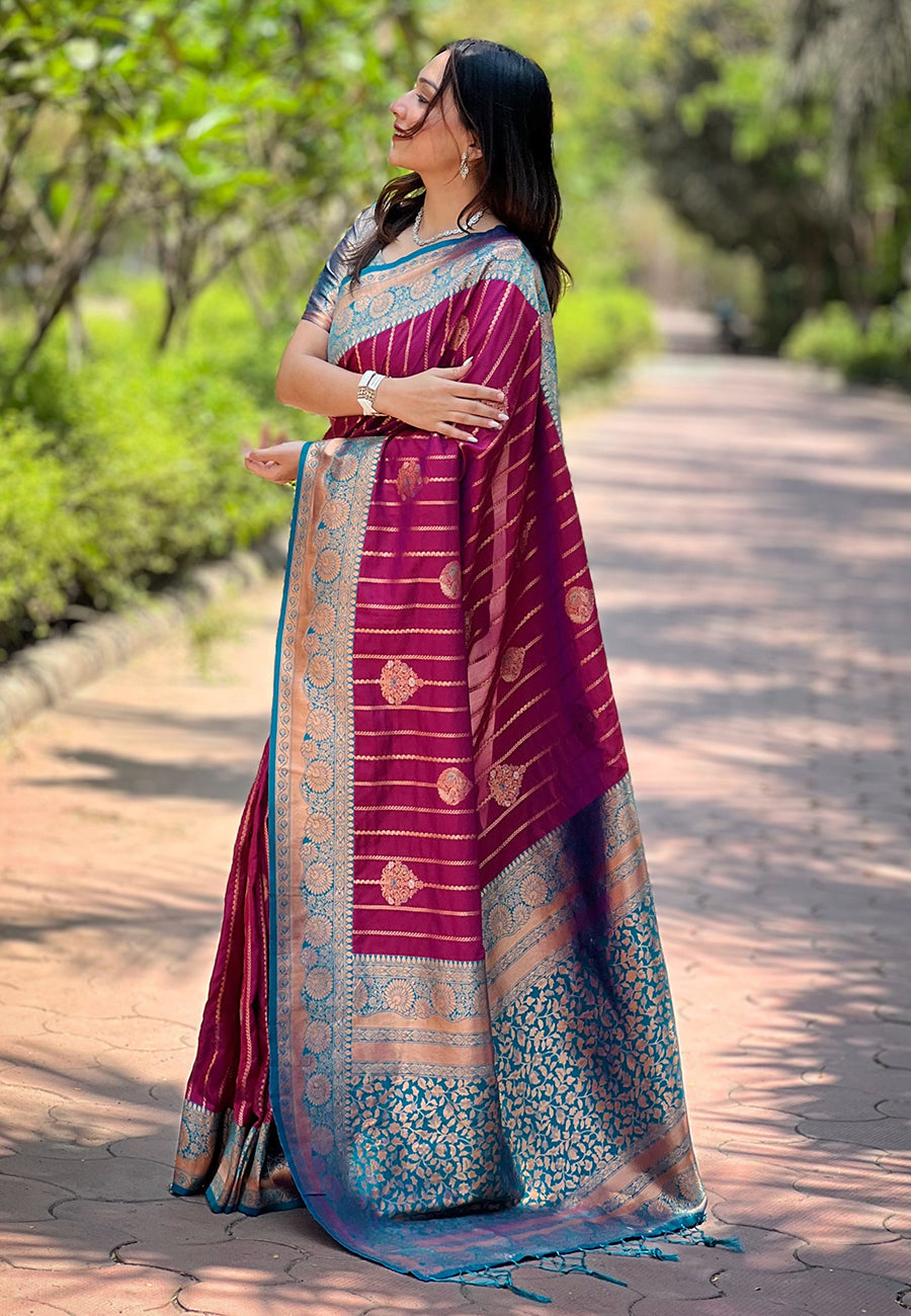 Maroon Soft Silk Contrast Zari Woven Saree