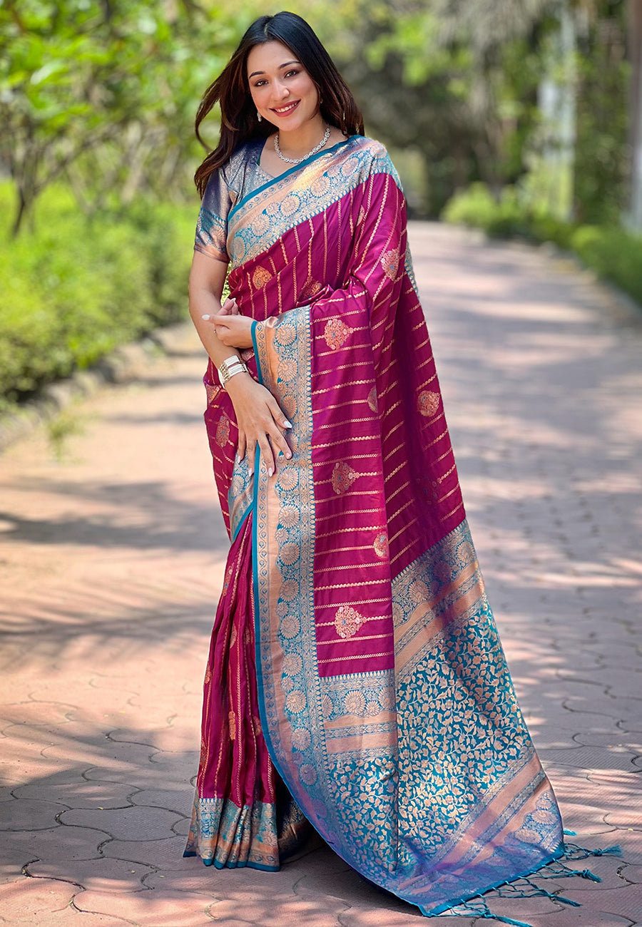 Maroon Soft Silk Contrast Zari Woven Saree