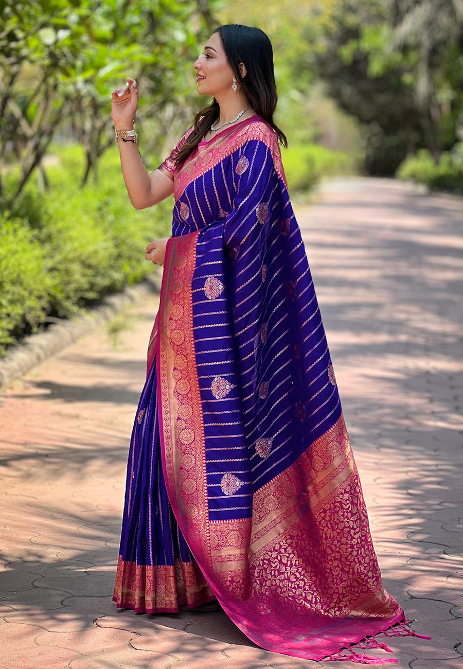Indigo Blue Soft Silk Contrast Zari Woven Saree
