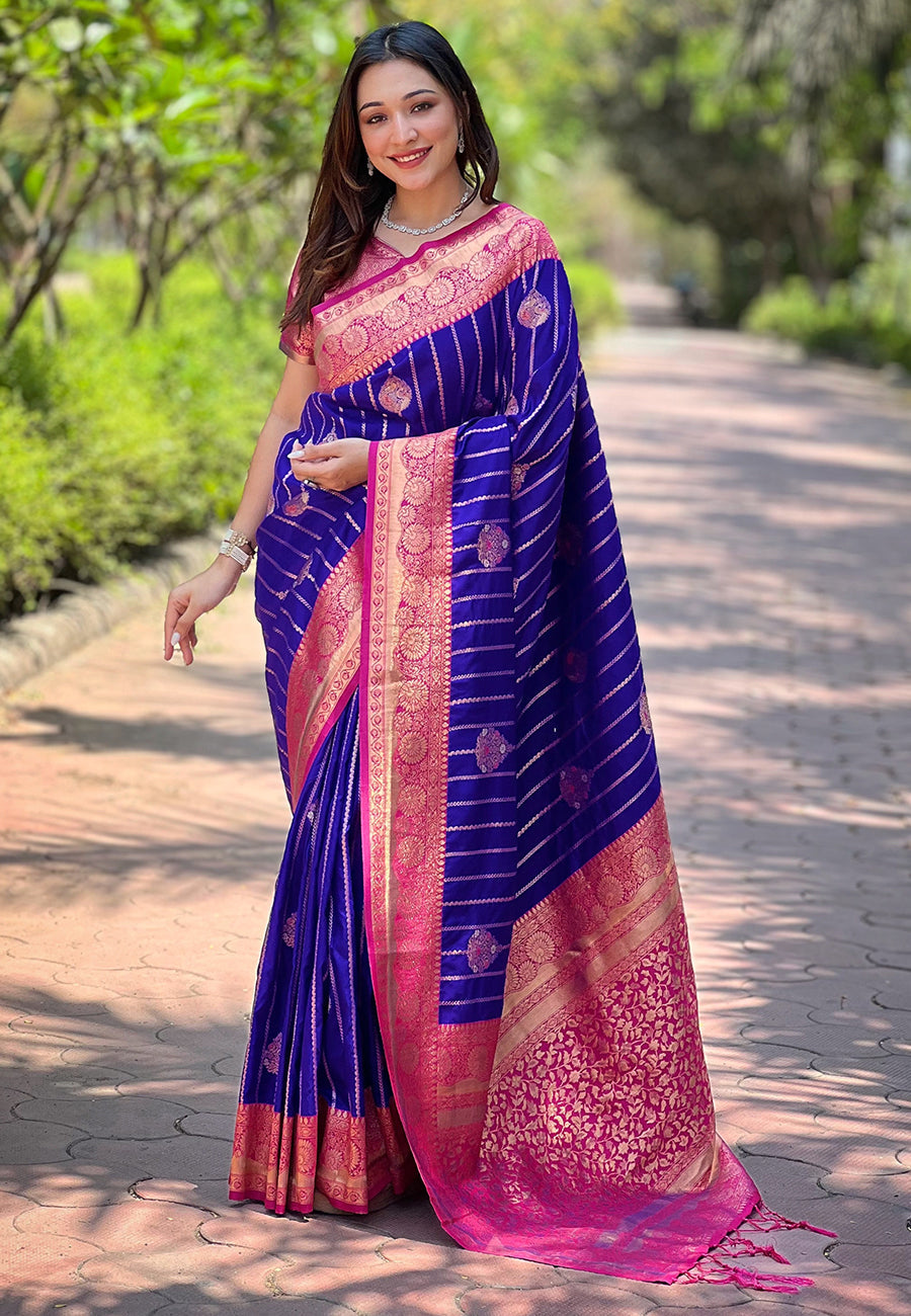 Indigo Blue Soft Silk Contrast Zari Woven Saree