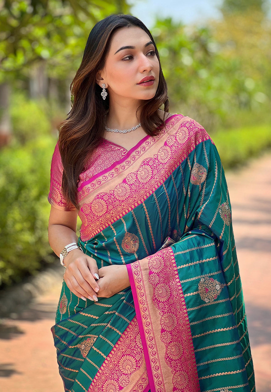 Green Soft Silk Contrast Zari Woven Saree