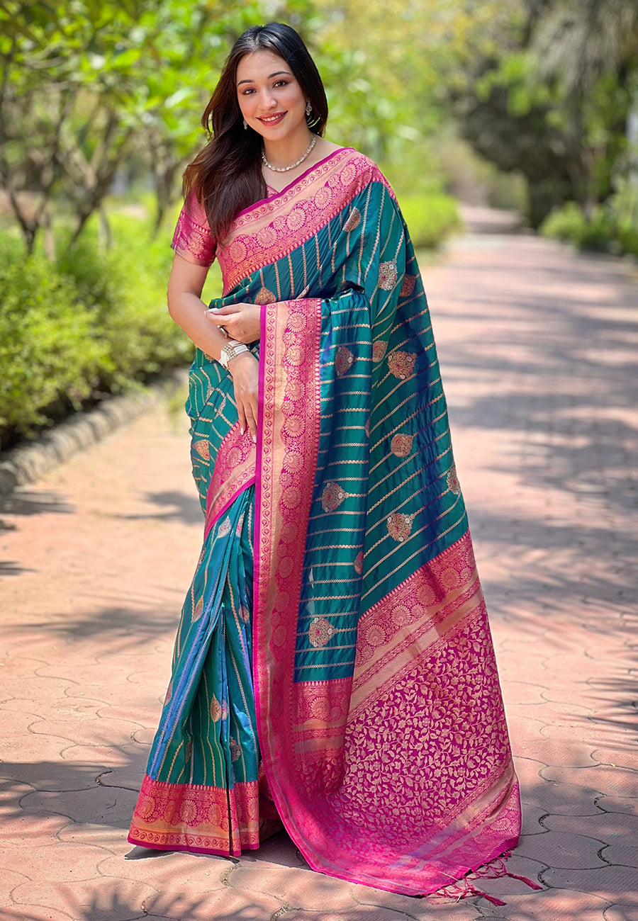 Green Soft Silk Contrast Zari Woven Saree