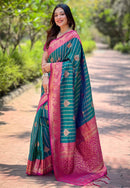 Green Soft Silk Contrast Zari Woven Saree