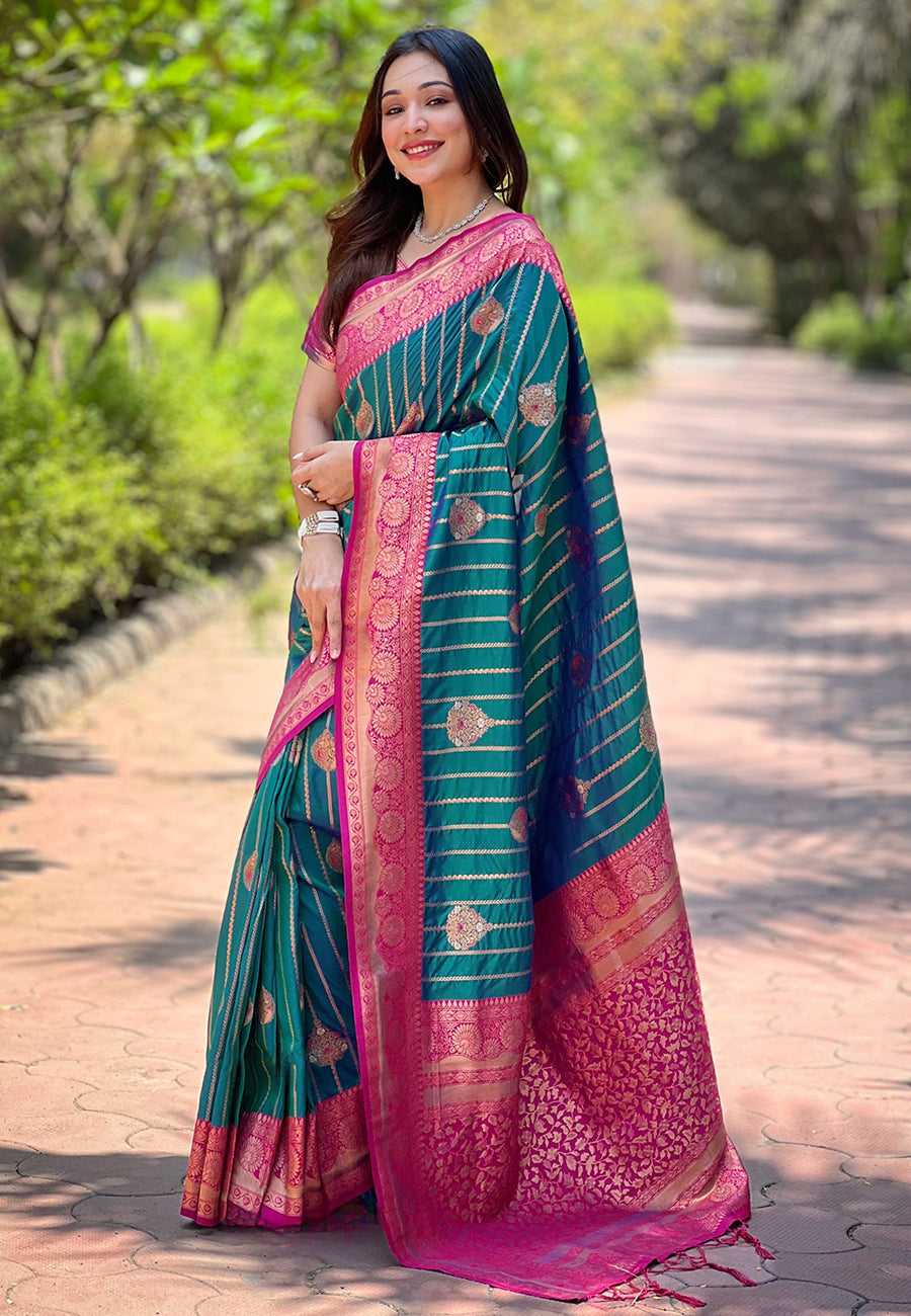 Green Soft Silk Contrast Zari Woven Saree