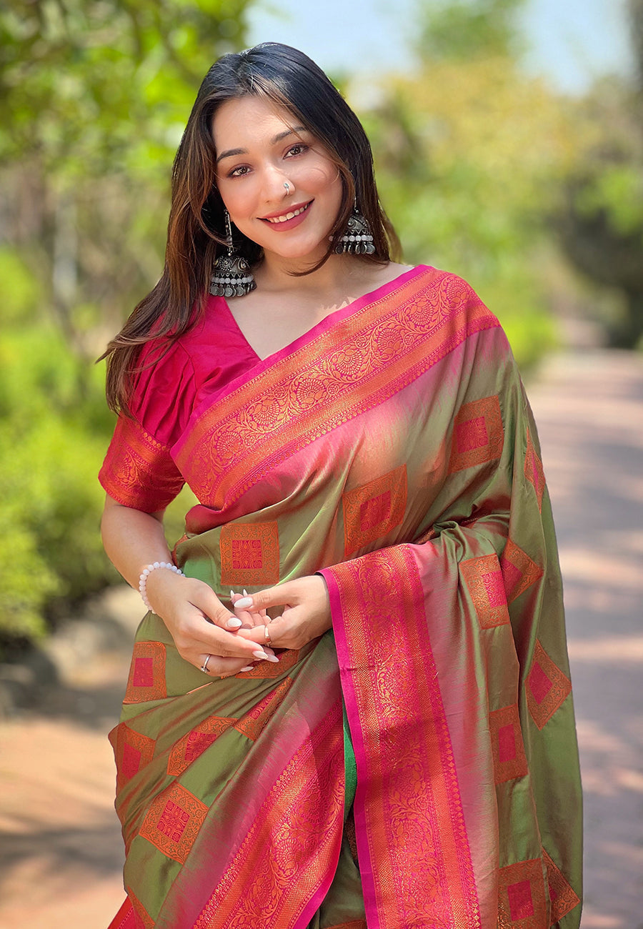 Red Soft Silk Contrast Zari Woven Saree