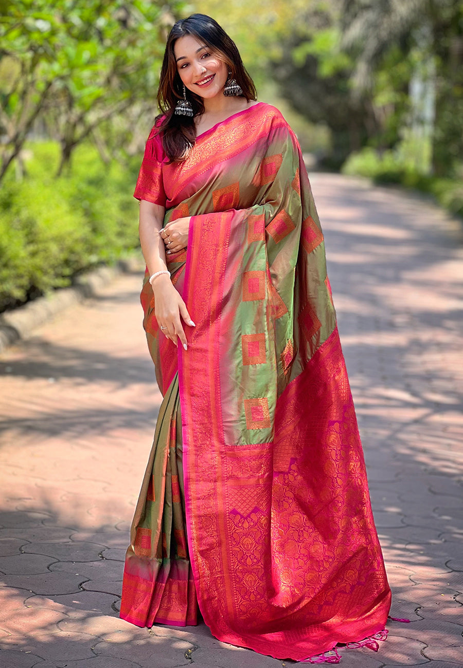 Red Soft Silk Contrast Zari Woven Saree