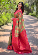 Red Soft Silk Contrast Zari Woven Saree