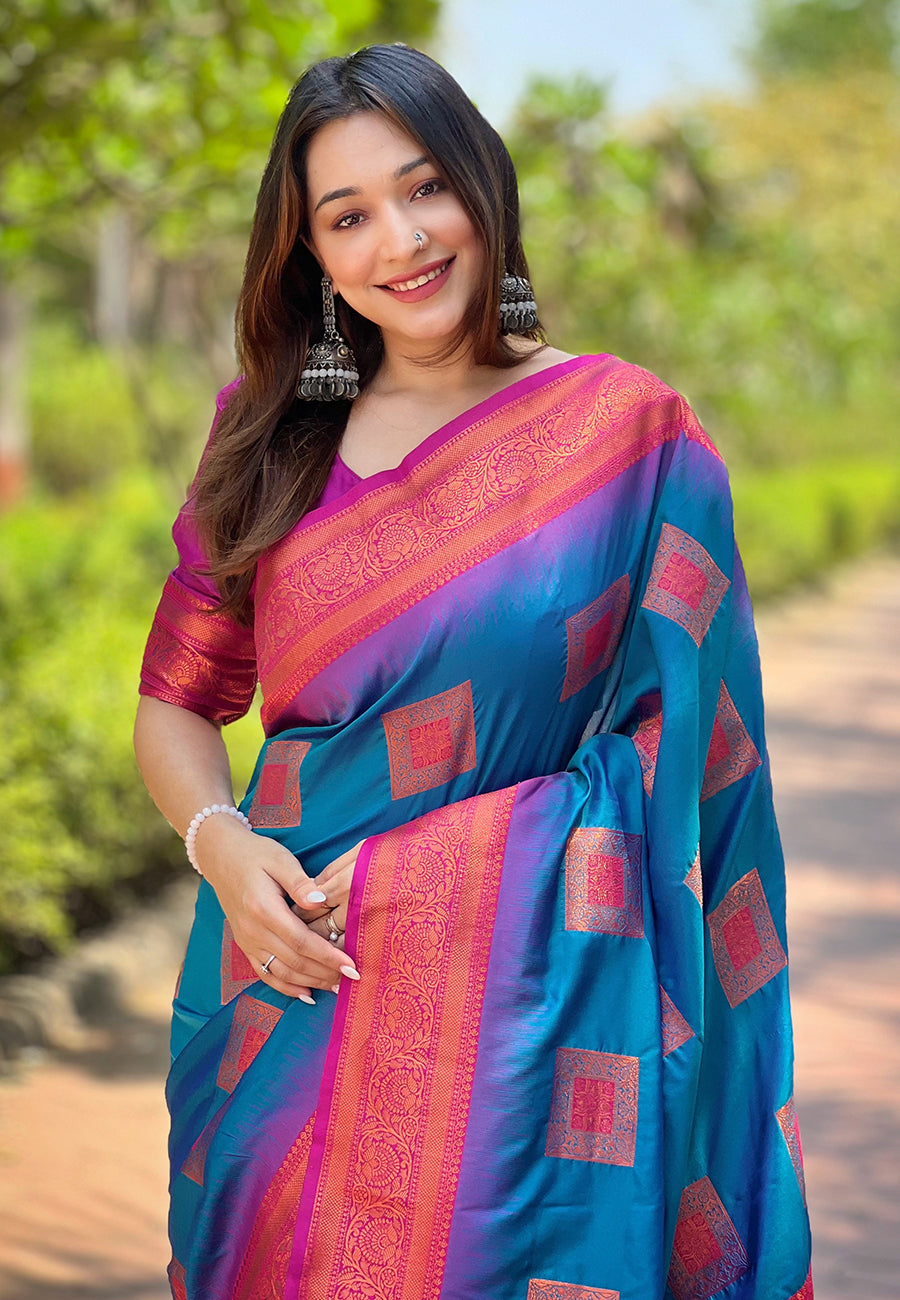 Teal Blue Soft Silk Contrast Zari Woven Saree