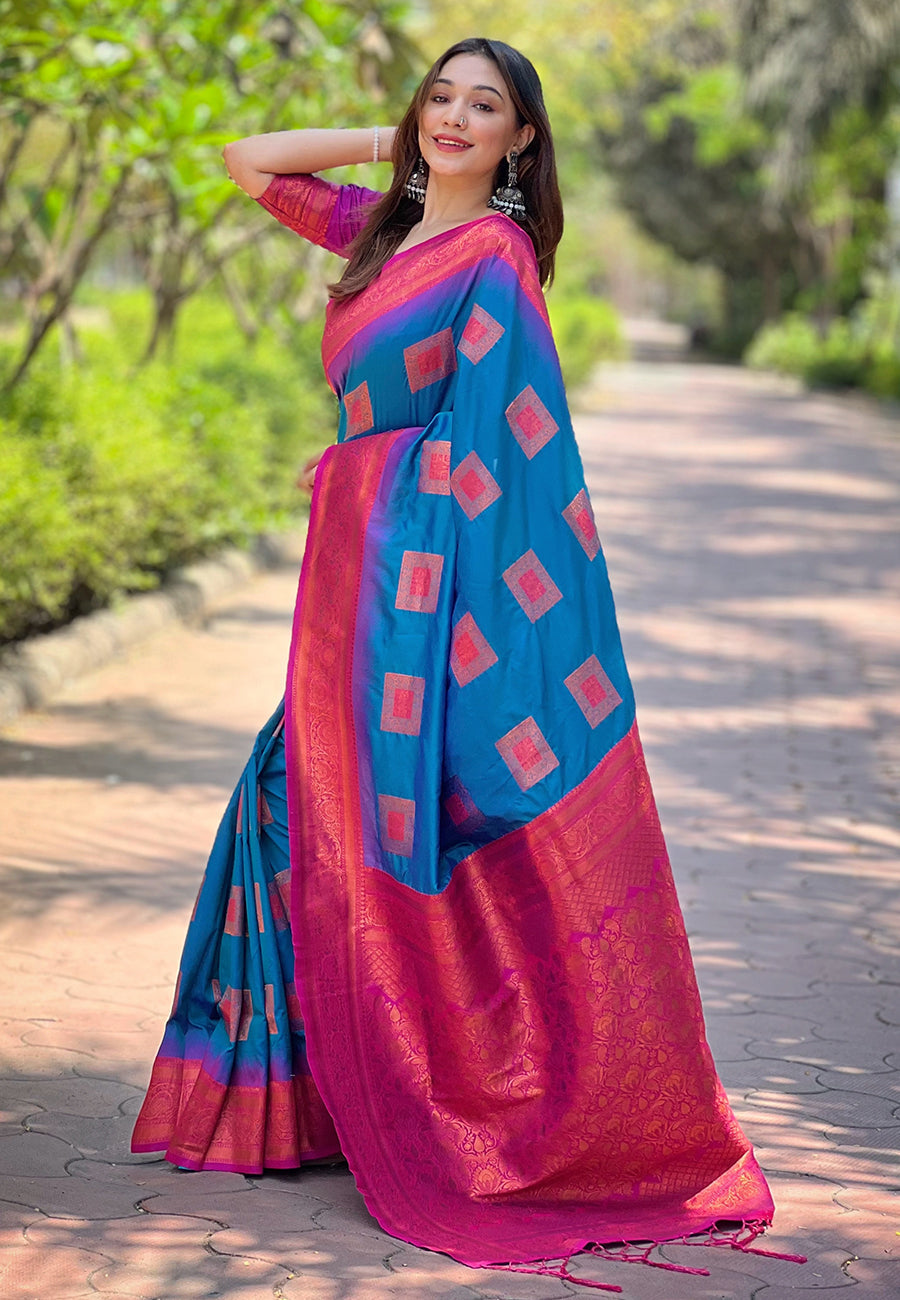 Teal Blue Soft Silk Contrast Zari Woven Saree