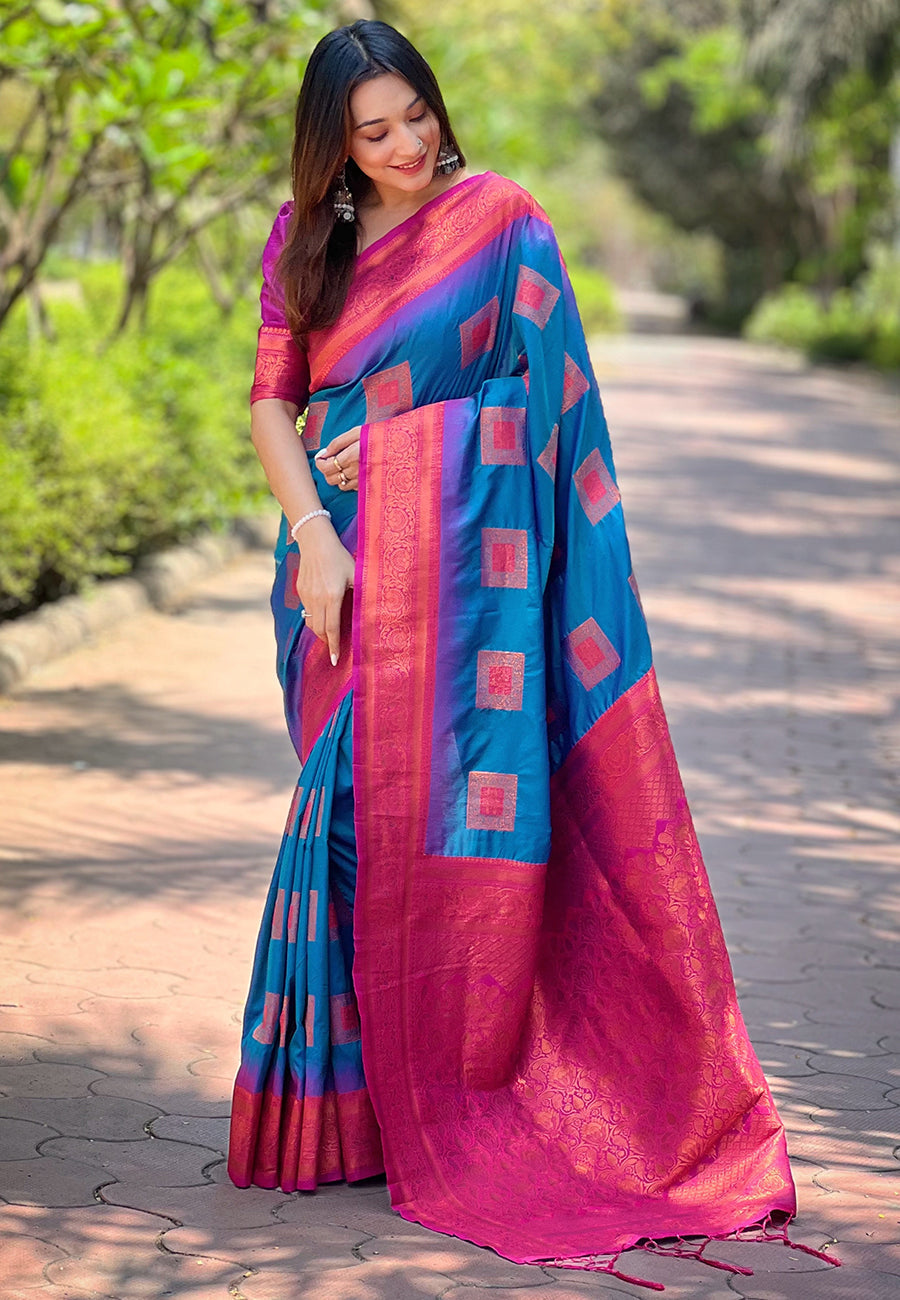 Teal Blue Soft Silk Contrast Zari Woven Saree