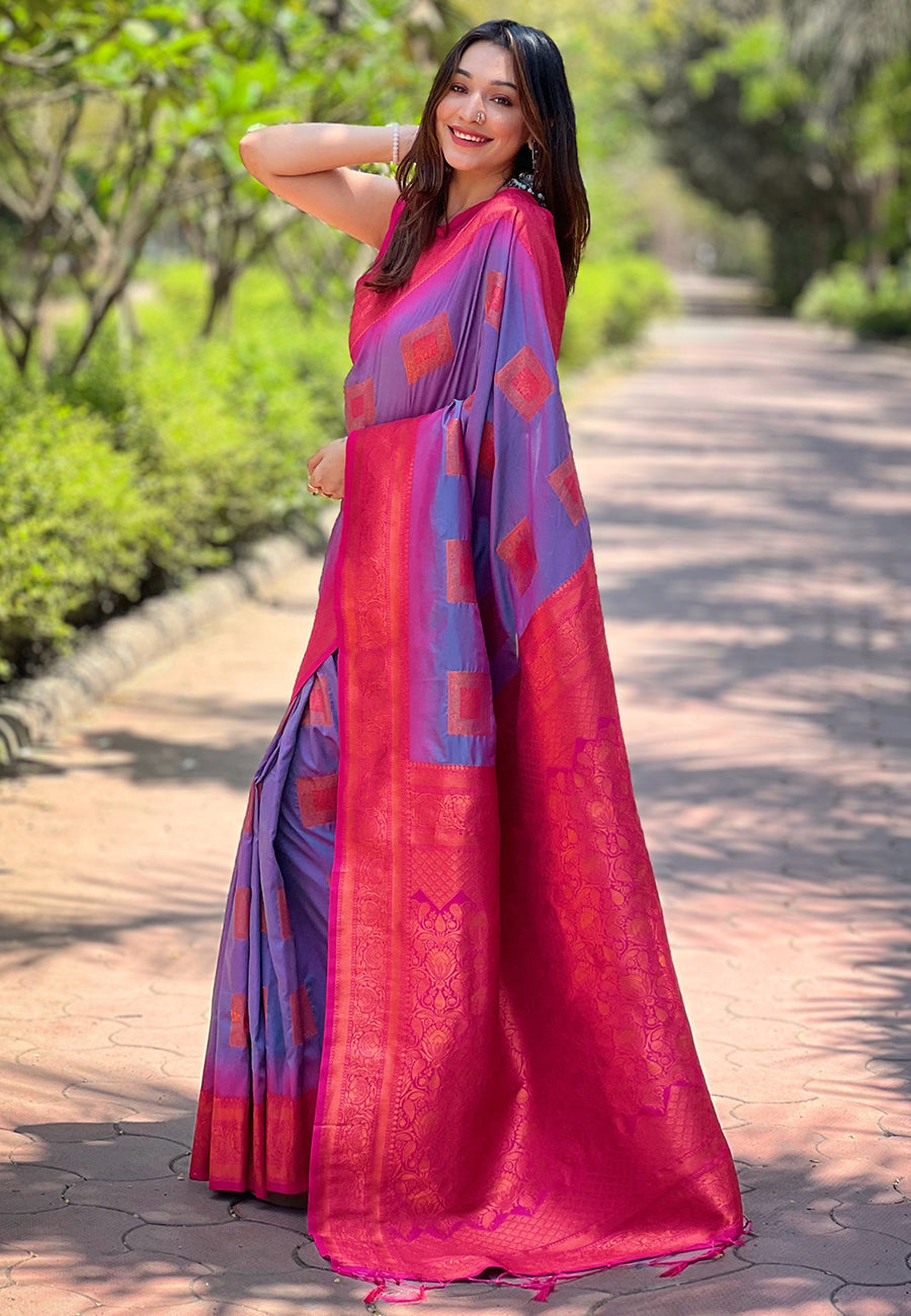 Lavender Soft Silk Contrast Zari Woven Saree