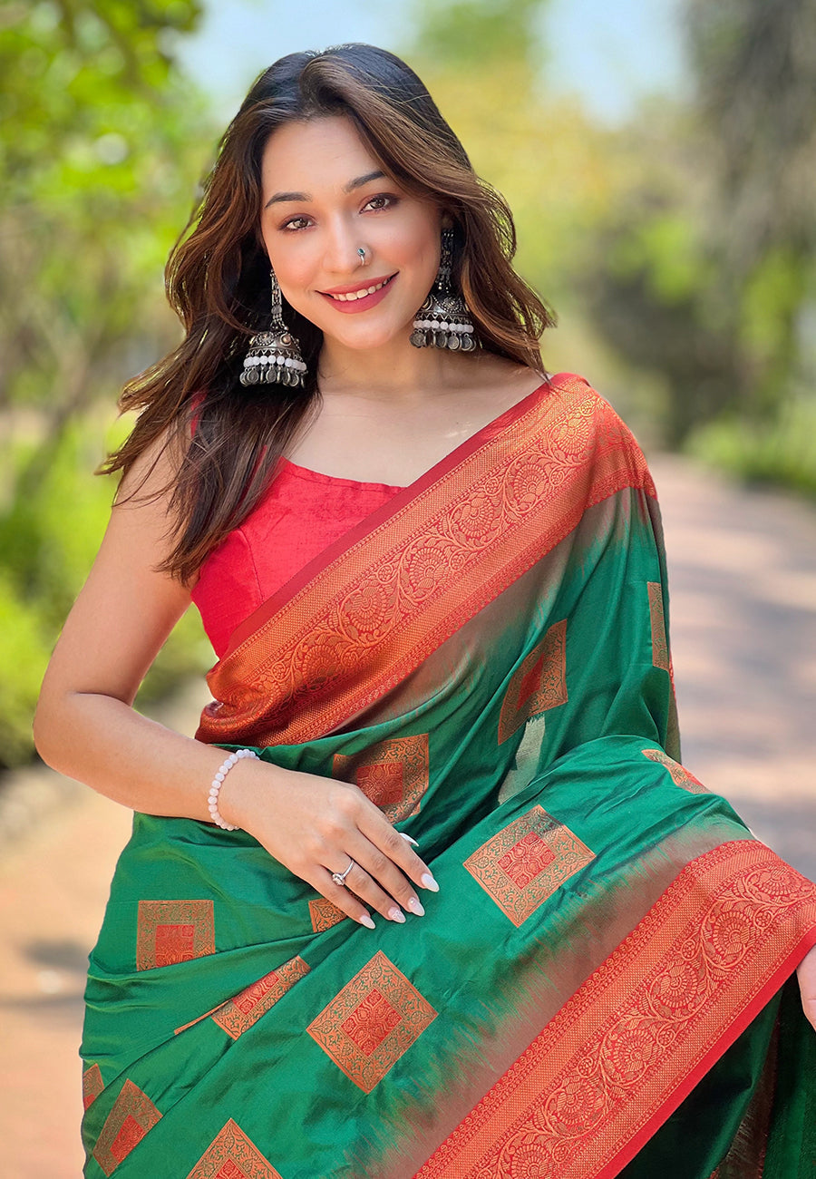 Leaf Green Soft Silk Contrast Zari Woven Saree