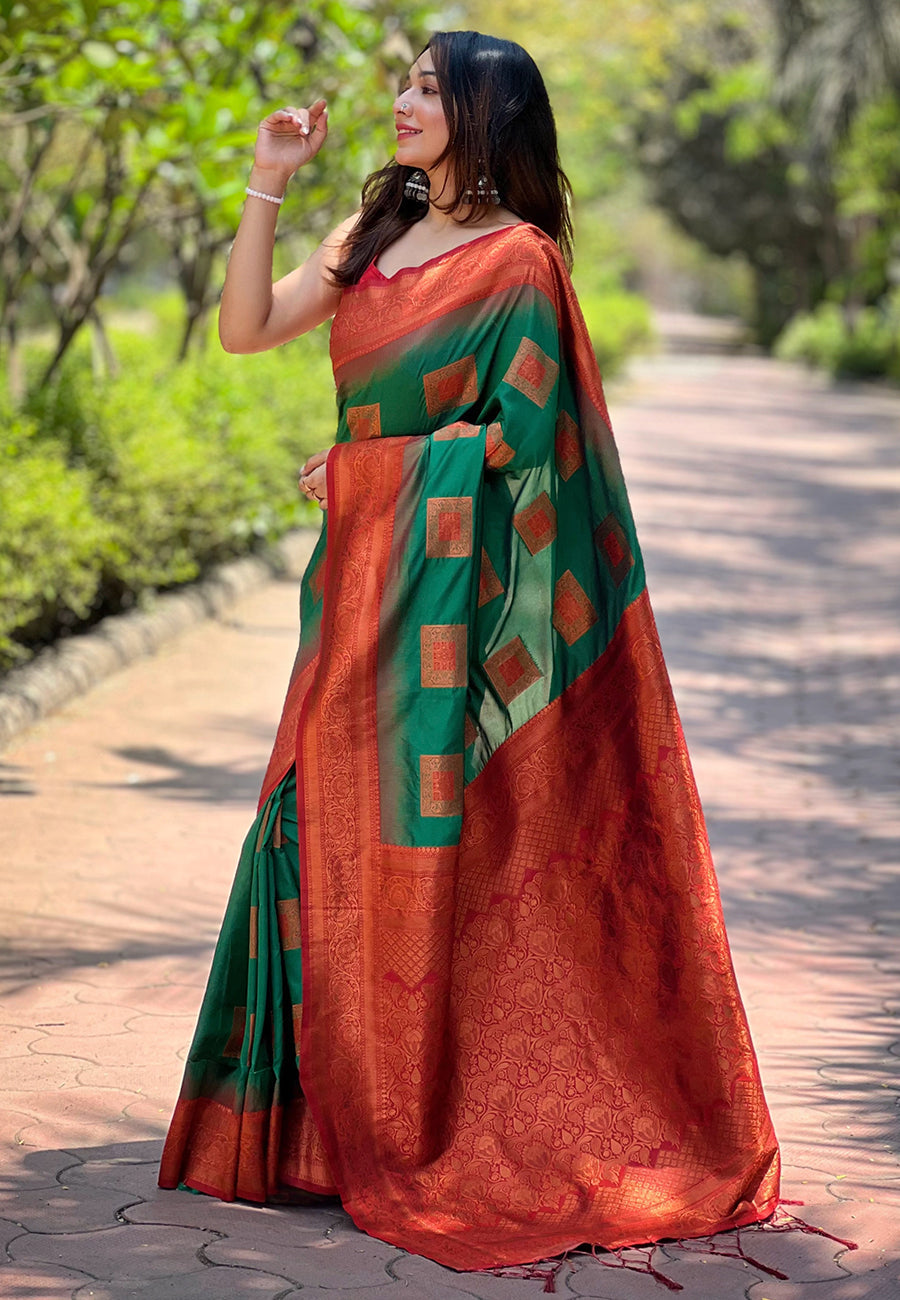Leaf Green Soft Silk Contrast Zari Woven Saree