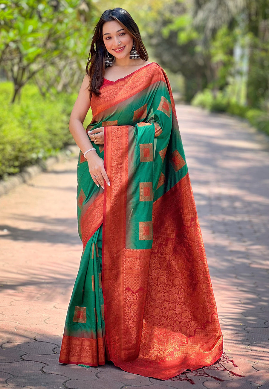 Leaf Green Soft Silk Contrast Zari Woven Saree