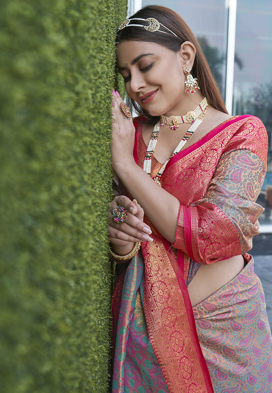 Chiku Colour Soft Kashmiri Silk Saree Wiht Zari Woven
