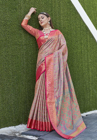 Chiku Colour Soft Kashmiri Silk Saree Wiht Zari Woven