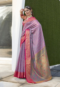 Lavender Colour Soft Kashmiri Silk Saree Wiht Zari Woven