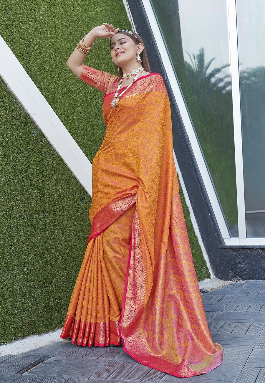 Orange Colour Soft Kashmiri Silk Saree Wiht Zari Woven