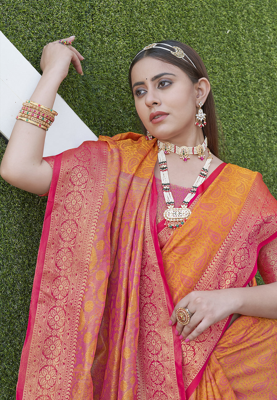Orange Colour Soft Kashmiri Silk Saree Wiht Zari Woven