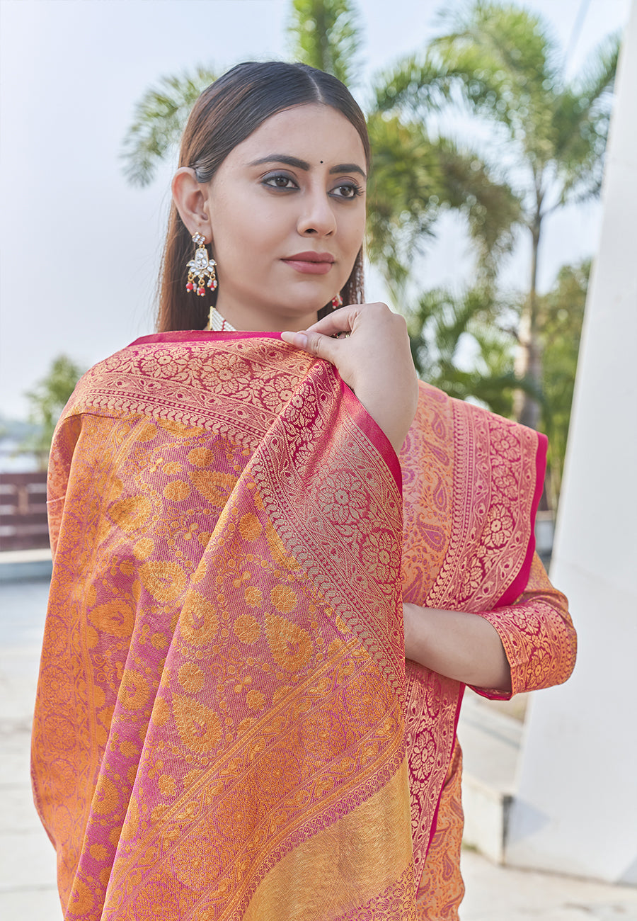 Peach Colour Soft Kashmiri Silk Saree Wiht Zari Woven