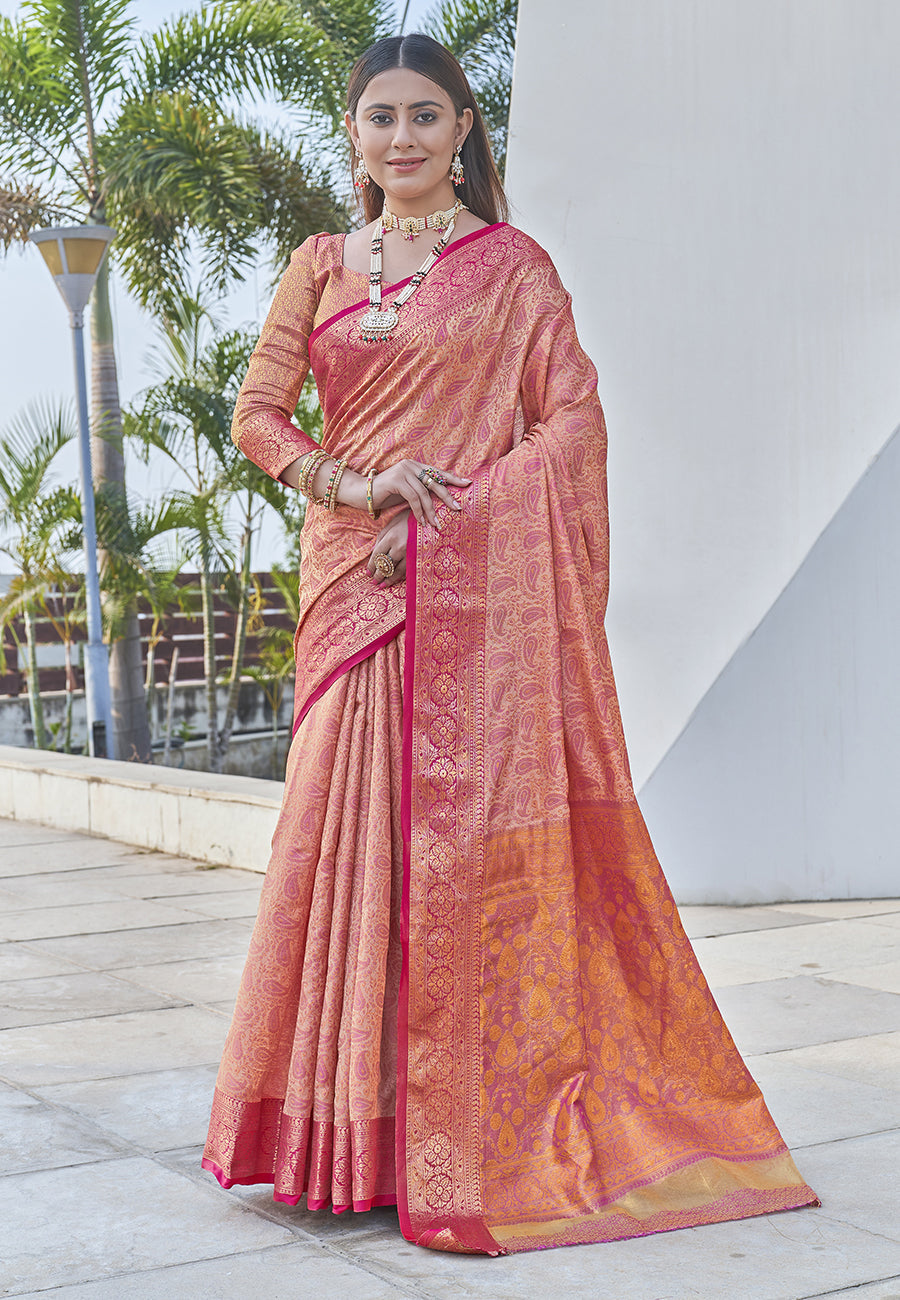 Peach Colour Soft Kashmiri Silk Saree Wiht Zari Woven