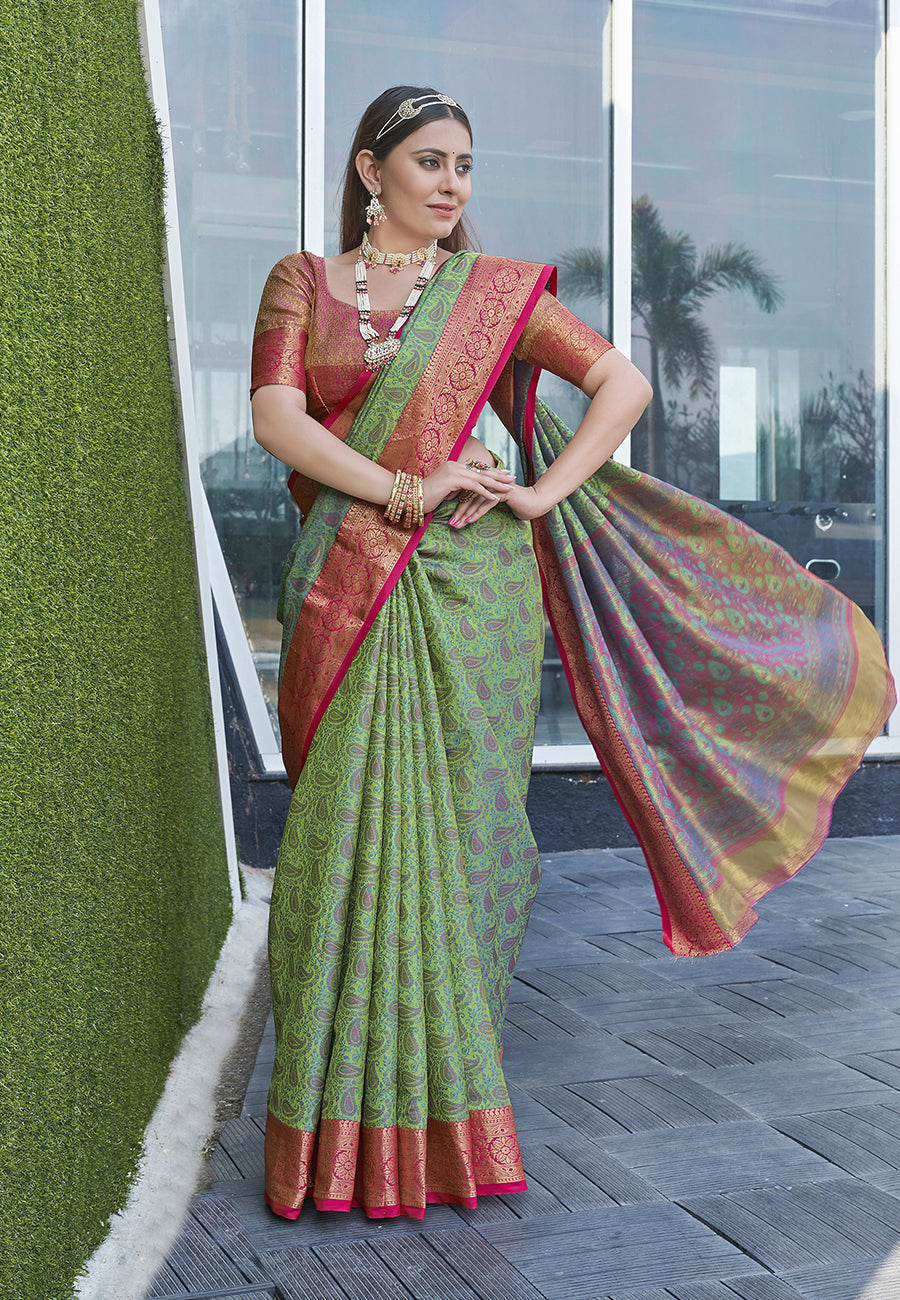 Pista Colour Soft Kashmiri Silk Saree Wiht Zari Woven