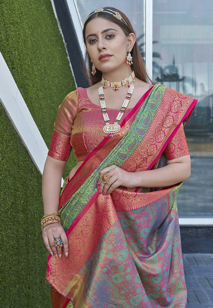 Pista Colour Soft Kashmiri Silk Saree Wiht Zari Woven