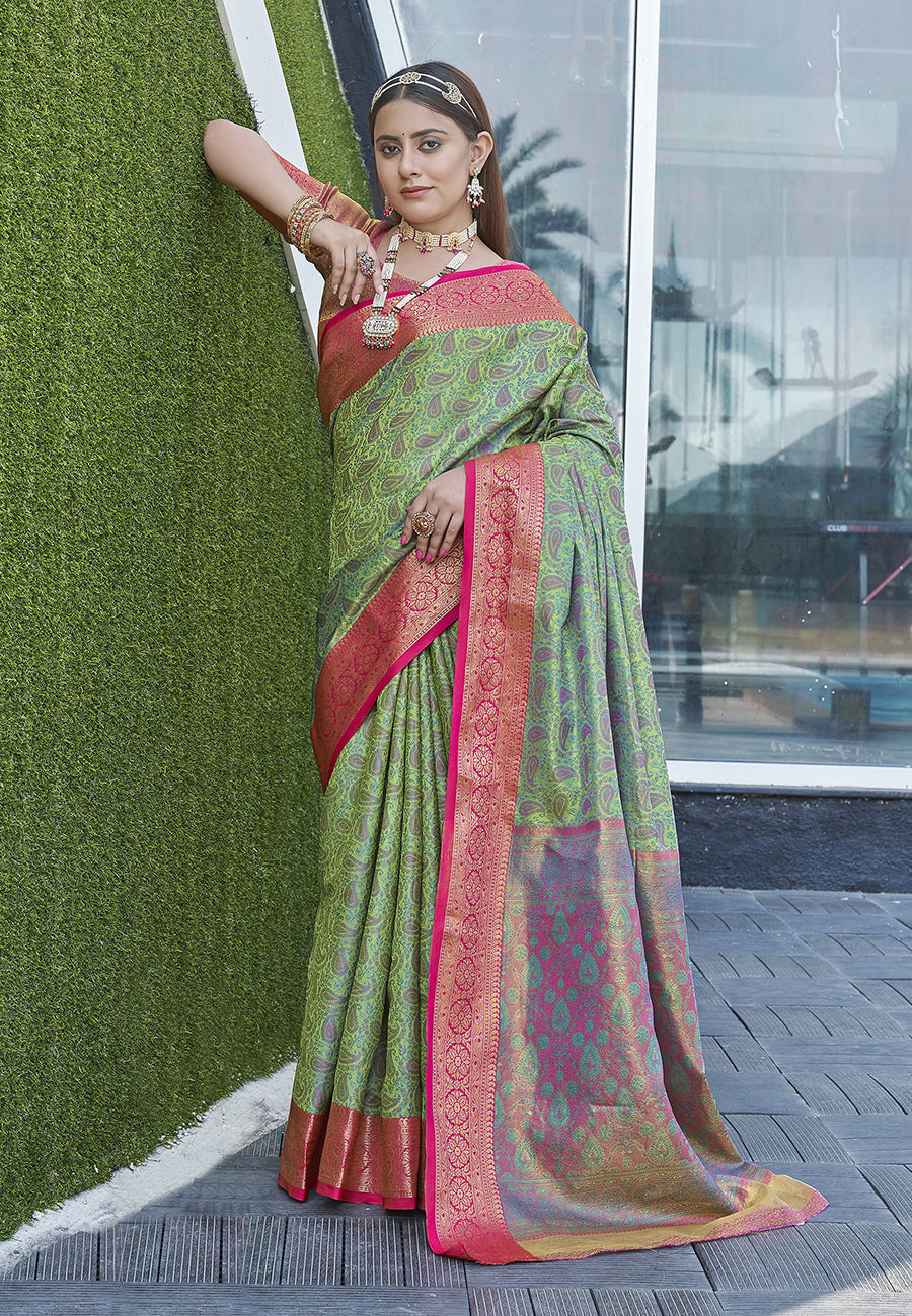 Pista Colour Soft Kashmiri Silk Saree Wiht Zari Woven