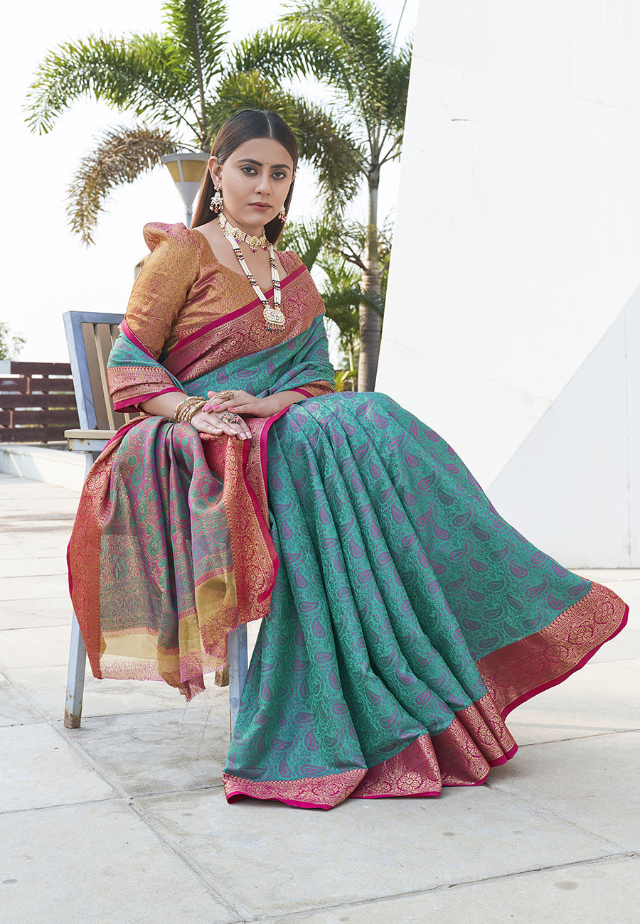 Teal Colour Soft Kashmiri Silk Saree Wiht Zari Woven