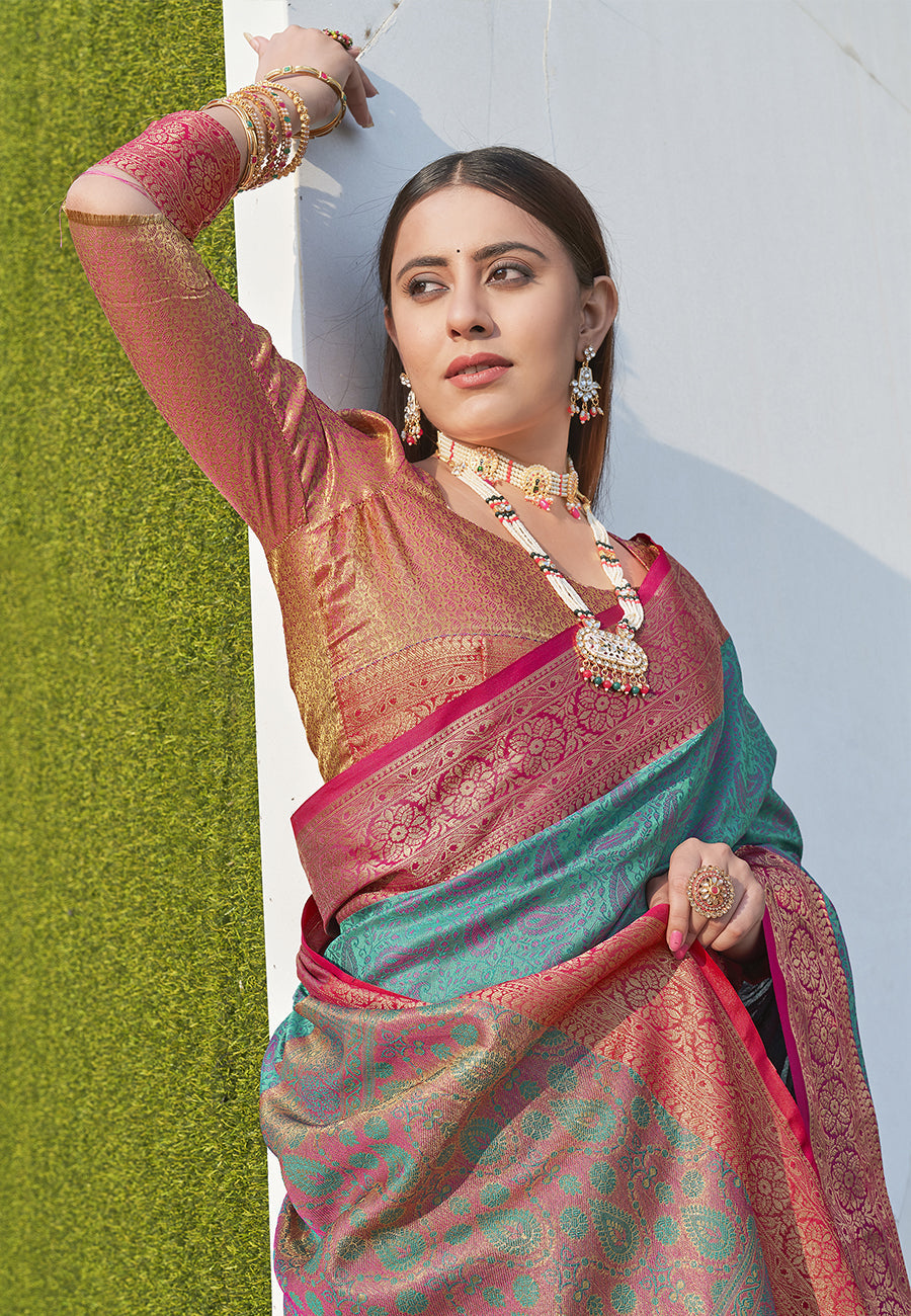 Teal Colour Soft Kashmiri Silk Saree Wiht Zari Woven