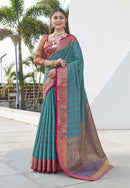 Teal Colour Soft Kashmiri Silk Saree Wiht Zari Woven