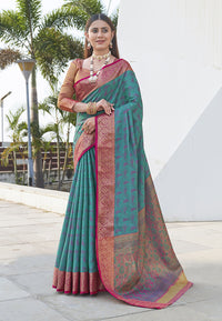 Teal Colour Soft Kashmiri Silk Saree Wiht Zari Woven