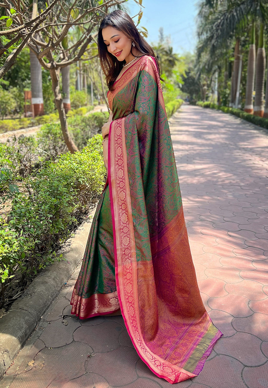 Green Soft Kashmiri Silk Zari Woven Contrast Saree
